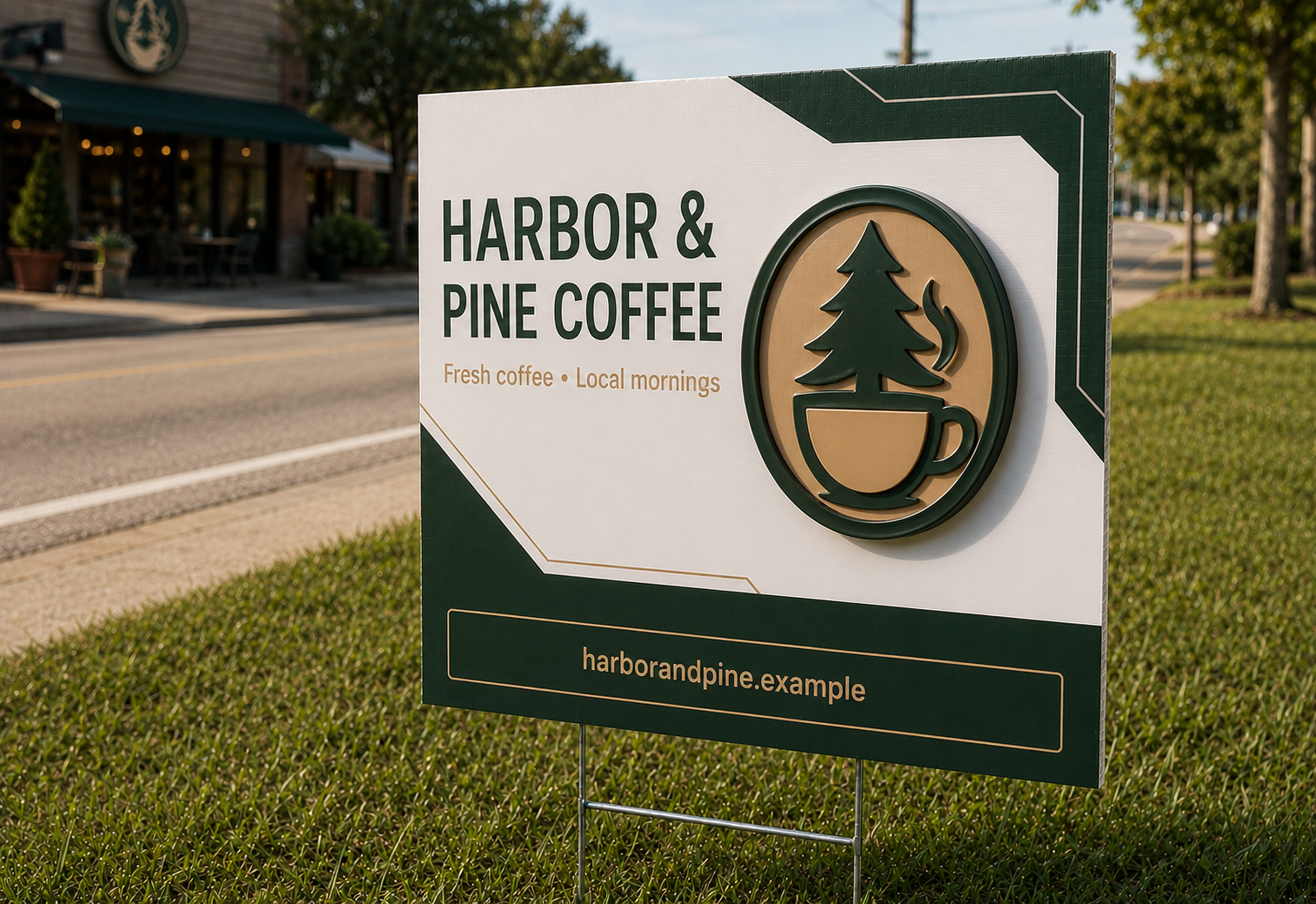 Fictional coffee shop raised-logo yard sign example