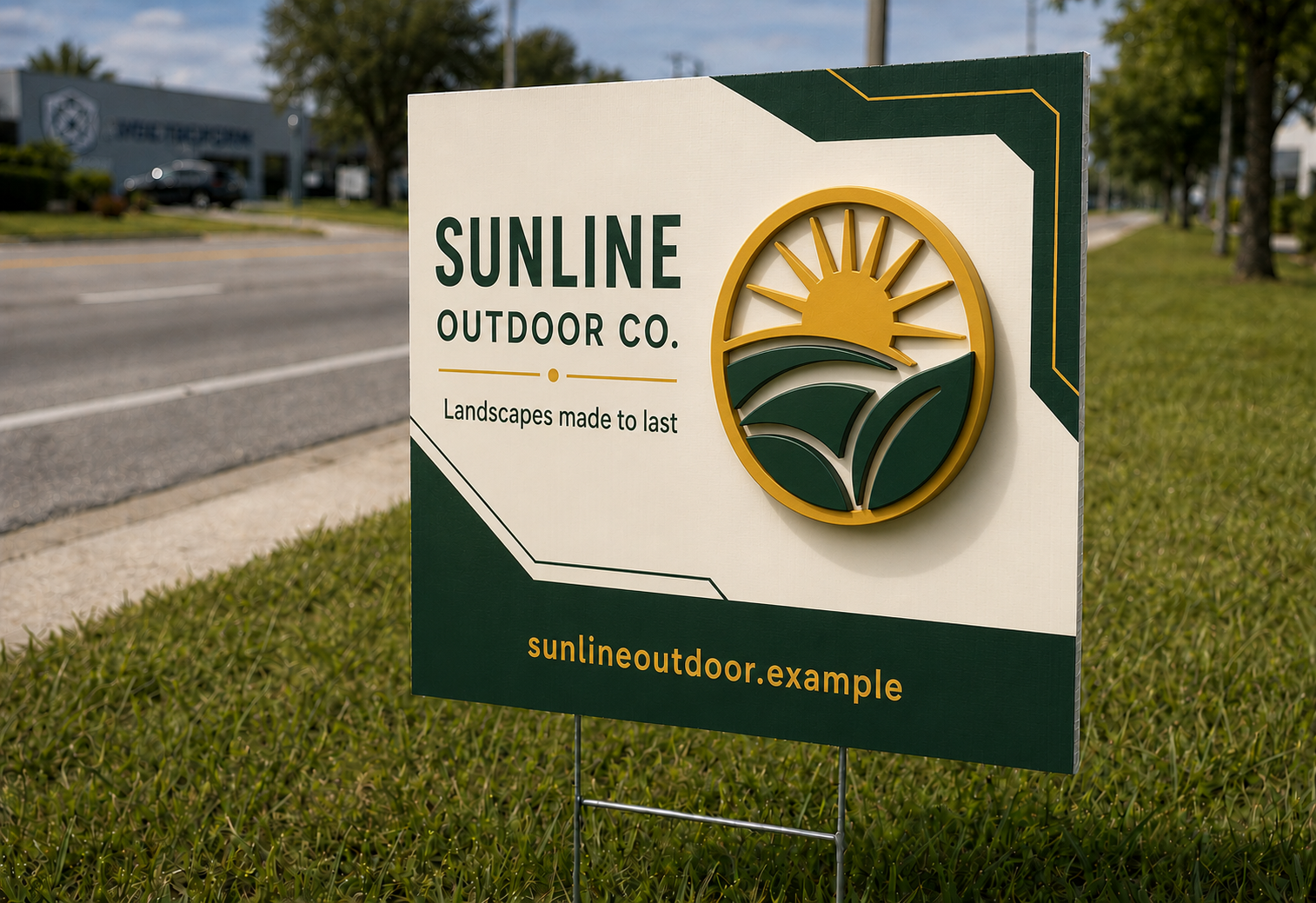 Fictional landscaping company raised-logo yard sign example